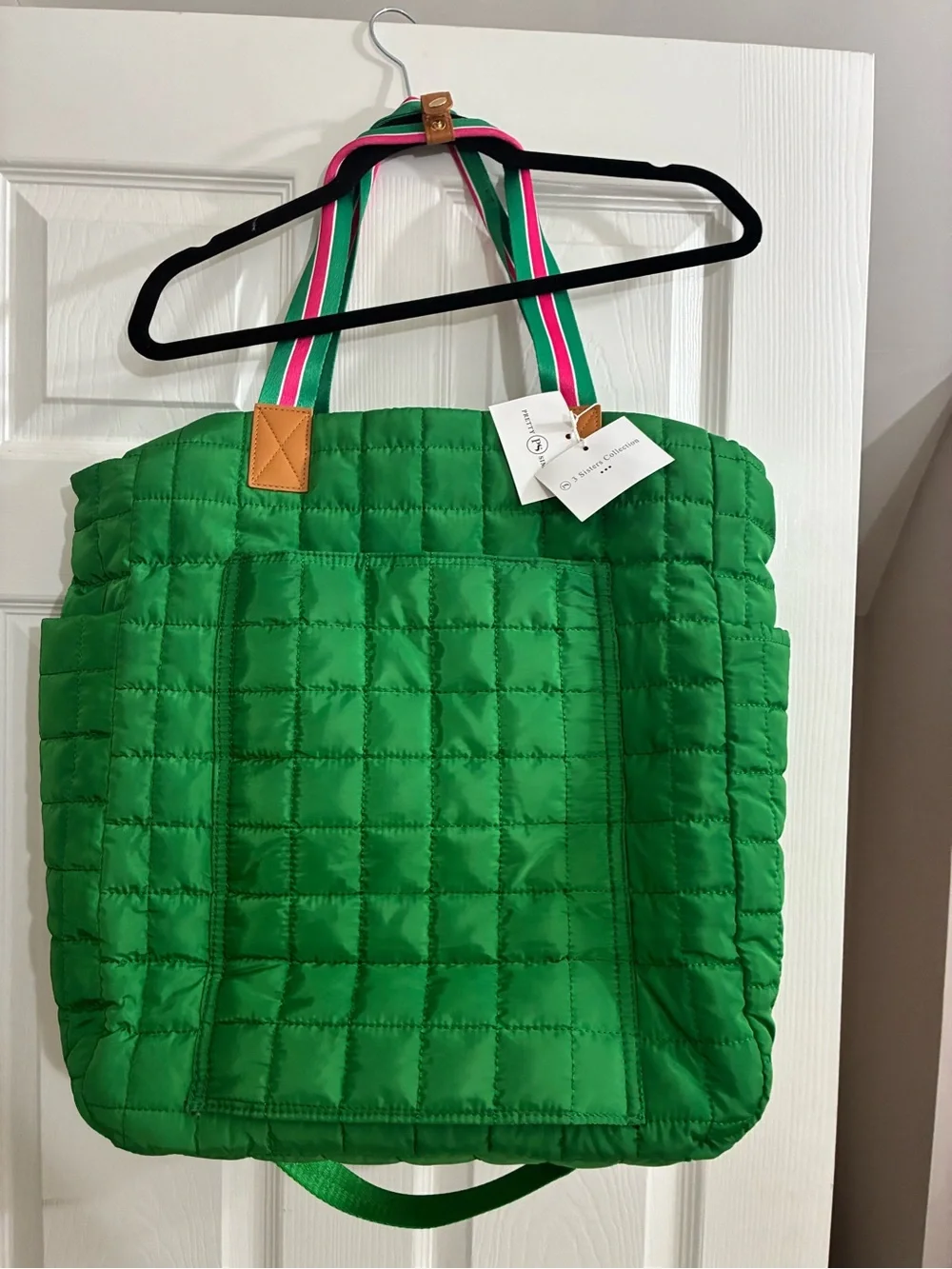 Quilted Green Tote with Striped Shoulder Handles